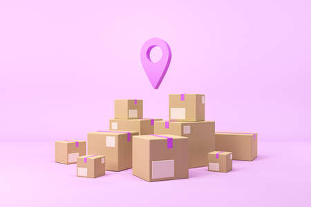 Closed cardboard boxes on purple background, a floating location mark. Concept of online orders,...