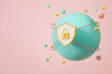 Earth sphere and decoration, security lines and shield with lock. Concept of information protection and worldwide security. 3D renderingの写真素材