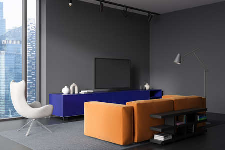 Modern guest room interior with sofa, tv screen and shelf with decoration, gray concrete floor....