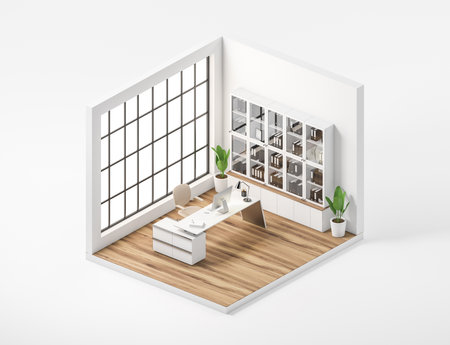 Isometric business room interior with white furniture, computer pc and documents in shelf, hardwood floor. CEO working space with window, 3D renderingの写真素材