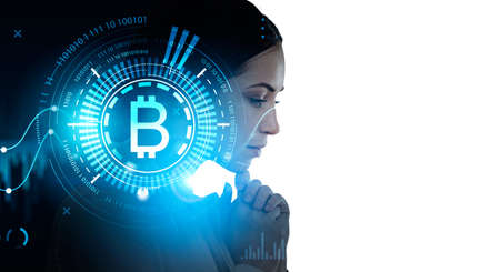 businesswoman pension profile. Bitcoin, cryptocurrency hologram with circuit of lines and binary....