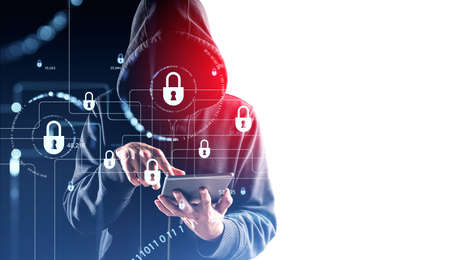 Man hacker finger touch tablet, lock chain and binary coding. Concept of cyberattack and big data...