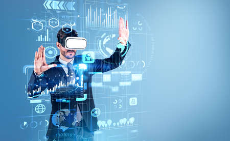 Businessman wearing formal suit and vr helmet is touching digital interface with forex chart and...