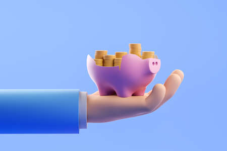 Cartoon hand hold piggy moneybox with stack of gold coins inside, light blue background. Concept of...