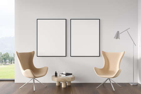 Bright living room interior with two empty white posters, panoramic window, coffee table, oak wooden...