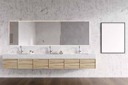 Front view on bright bathroom interior with empty poster, large mirror and three sinks, white walls, oak wooden floor. Mock up. 3d renderingの写真素材