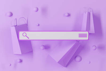 Search box and paper bags on light purple background. Concept of online shopping and sale. 3D renderingの写真素材