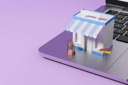 Laptop on light purple background, cartoon small shop with signs and shopping cart. Concept of sale and purchase. Delivery of online orders. 3D renderingの写真素材