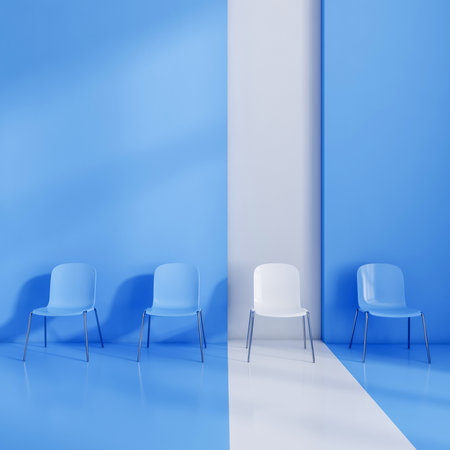 Chairs in a row, white chair stands out of blue. Concept of business, hiring and leadership. 3D renderingの写真素材