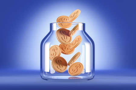 Transparent glass moneybox with falling gold coins on blue background. Concept of savings and savings. 3D renderingの写真素材