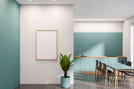 Blue kitchen interior with chairs and dining table on gray concrete floor, minimalist cooking space...