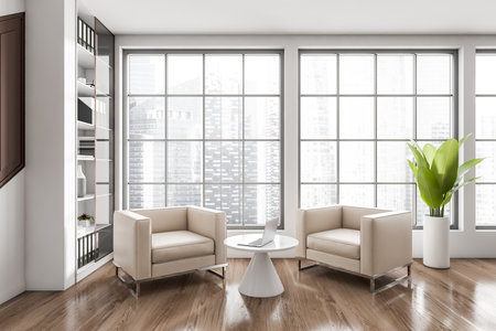 Side view on office room interior with two cozy armchairs, laptop, panoramic window with  city skyscraper view and wooden floor. Concept of place for working process, meeting. 3d renderingの写真素材