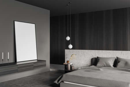 Dark bedroom interior, bed and dresser with candle, side view, gray concrete floor. Sleeping room...