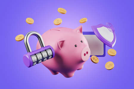 Piggy bank with code lock on purple background, shield with fingerprint, floating gold coins. Concept of finance and secure transaction. 3D renderingの写真素材