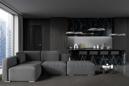 Front view on dark kitchen room interior with panoramic window, island with barstools, sink, sofa...