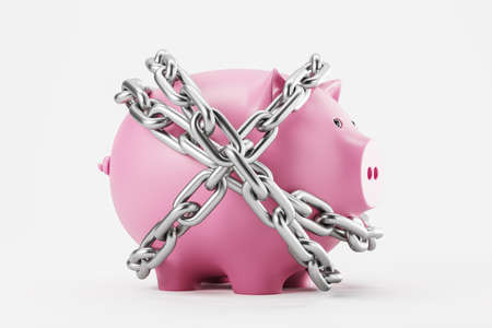 Piggy bank and metallic chains, isolated over white background. Concept of savings and protection. 3D renderingの写真素材