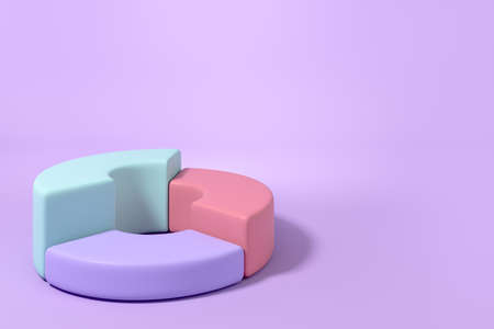 Pie chart with colorful elements on purple background. Concept of financial analysis. Mockup copyspace. 3D renderingの写真素材