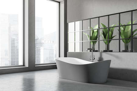 Dark bathing room interior with tub, side view, plant in pot and panoramic window with city view....