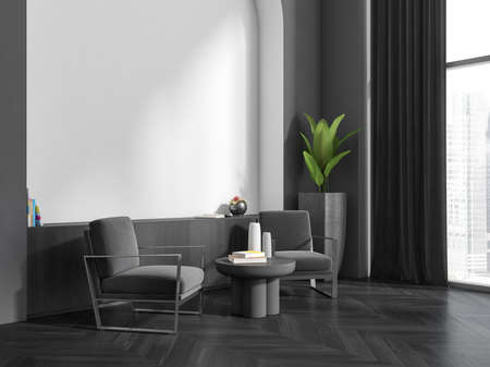Relax room interior with two armchairs and coffee table with decoration, side view, window on city...