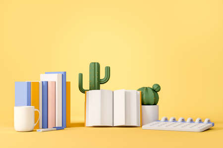 Pile of books and open notebook, cactus and calendar, yellow background Concept of education and reading. Mockup copyspace. 3D renderingの写真素材