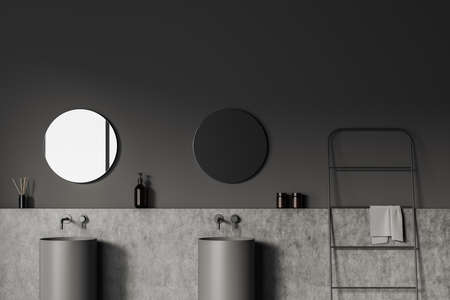 Dark bathroom interior with double sink and two round mirror, towel rail ladder and concrete deck with bathing accessories, towel and bath gel. 3D renderingの写真素材