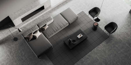 Top view of dark lounge room interior with sofa and armchair, coffee table with decoration, carpet and gray concrete floor. Minimalist guest space, 3D renderingの写真素材