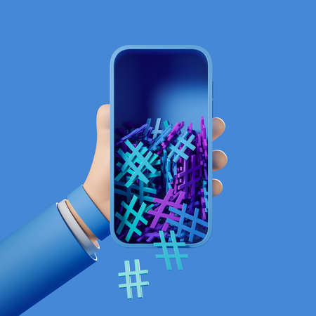 Cartoon hand hold smartphone with falling hashtag on blue background. Concept of social media and...