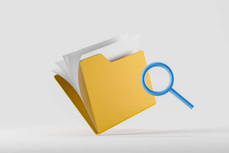 Paper documents in yellow folder on white background. Magnifying glass, concept of open folder and information search. 3D renderingの写真素材