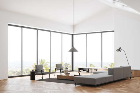 White open space chill interior with armchairs and sofa, side view, coffee table with decoration on...