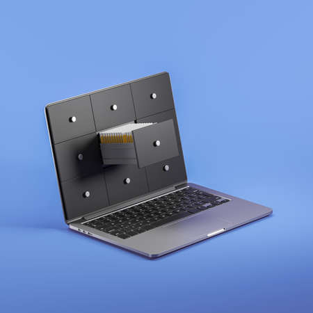 Laptop computer, screen with shelf and files in row on blue background. Search of documents in notebook. Concept of online database and storage. 3D renderingの写真素材