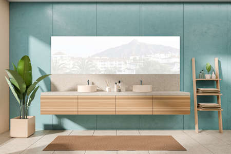 Side view on bright bathroom interior with mirror with reflection with town view, two sinks, liquid...