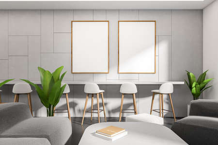 White cafe interior with bar chairs and table, sofa and decoration, plant on dark concrete floor....