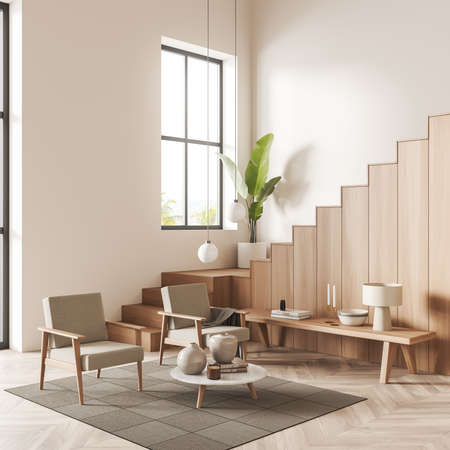 White living room interior with two armchairs and coffee table, bench stand with decoration, carpet on hardwood floor. Plant on stairs, panoramic window on countryside. 3D renderingの写真素材