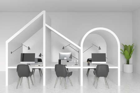 White coworking room interior with armchairs, computer desktop and laptop on table, concrete floor....