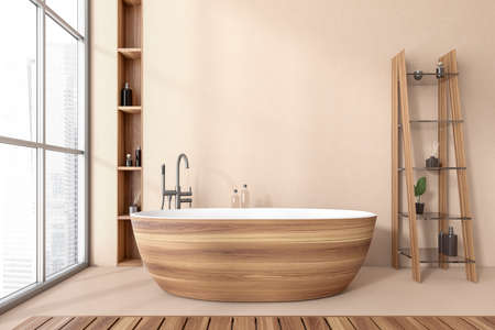 Beige bathroom interior with wooden bathtub, shelf for decoration and deck for accessories, light concrete floor. Washing room with panoramic window on city view. Mockup copyspace. 3D renderingの写真素材