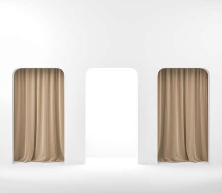 Beige curtain and door, entrance in art gallery. Dressing room and art exhibition hall. Mockup copyspace. 3D renderingの写真素材