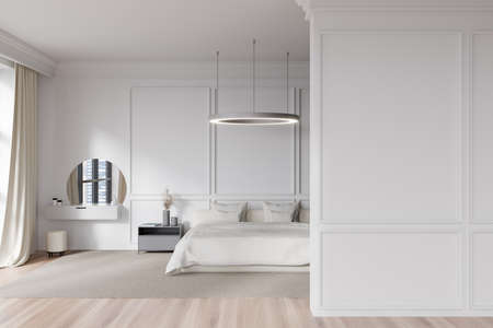 White bedroom interior, bed and dressing table with mirror, nightstand with art decoration, carpet...
