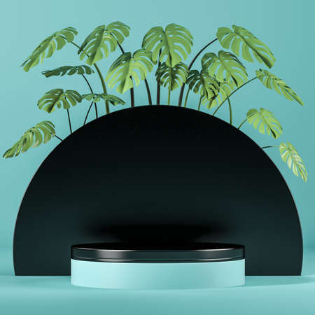 Black platform and turquoise background, monstera plant in row for decoration. Minimalist mockup copy space for product display, advertising goods. 3D renderingの写真素材