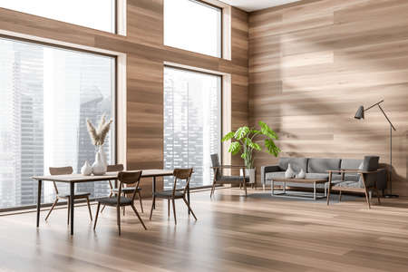 Wooden living room interior with chairs and sofa, side view, coffee table with decoration on carpet,...
