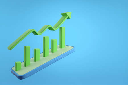 Green arrow and smartphone with bar chart on blue background. Concept of income and financial strategy, investment. Mockup copyspace. 3D renderingの写真素材