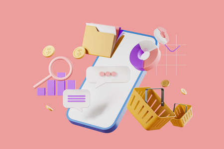 Smartphone and digital icons floating. Online shopping, folder, finance and communication. Concept...