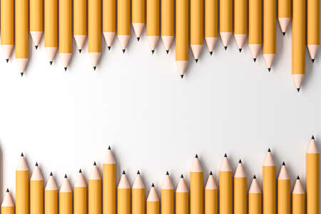 Row of yellow pencils, white background for text. concept of education. Mockup empty copy space, 3D...