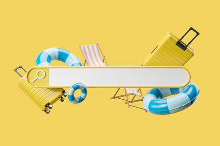 Search box and traveling accessories floating on yellow background. Concept of trip and summer vacation. Mock up copy space. 3D renderingの写真素材