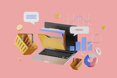 Laptop computer and different icons, optimization and organization of digital workspace. Finance, communication, shopping and personal data. Concept of seo and control. 3D renderingの写真素材