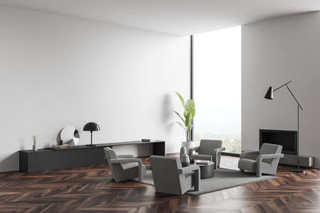 Relax zone interior with four armchairs and shelf with art decoration, side view, window on...