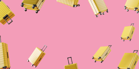 Travel case floating, trip and flight accessories. Traveling and baggage. Concept of vacation and destination. Mockup copy space, 3D renderingの写真素材