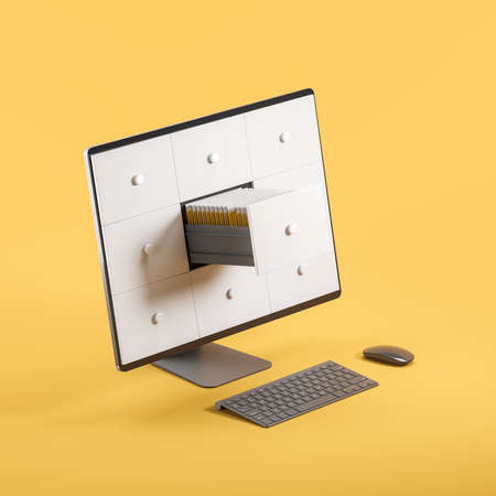 Pc computer, screen with shelf and heap of files in row on yellow background. Search of documents in...