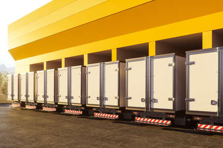 Row of truck, back view, parked in yellow garage outdoors. Concept of delivery and wholesale. Mockup...