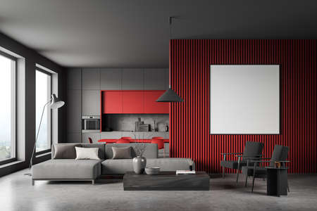Corner view on dark studio interior with empty white poster, panoramic window, sofa, armchairs,...