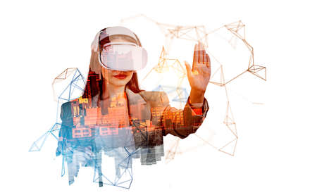 Businesswoman in formal wear is wearing vr helmet and touching geometrical figures and line...